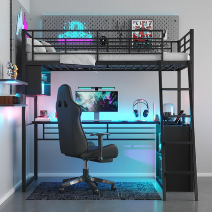 Ziraukon Twin Size Metal Loft Bed with LED, Heavy Duty Metal Game Bed Frame with Built-in Desk and 4 Storage Shelves, Safe Guardrails, Perfect for Bedroom, Gaming Room, Black