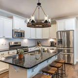 GEPOW Farmhouse Wood Chandelier, Round Wagon Wheel Light Fixture with Seeded Glass Shades & Hemp Rope for Dining Room, Living Room, Bedroom, Kitchen Island, and Foyer GEPOW