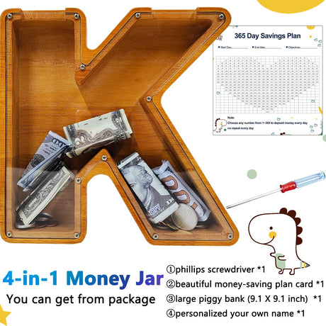Custom Piggy Bank with Laser Engraved Name, Creative Alphabet Letter Storage Bank, Personalized Wooden Toy with DIY Letter for Kids, Money Bank (K) Sulevalt