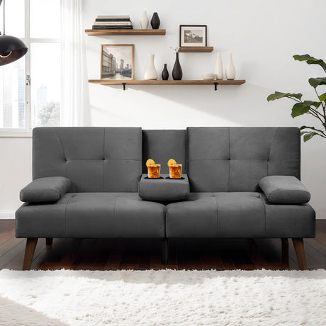 JAMFLY Futon Couch Sofa Bed Convertible, Small Sleeper Sofa Chair Loveseat with Cup Holder for Small Spaces, Living Room, Bedroom, Gameroom, Apartment, Dorm (Dark Gray) JAMFLY