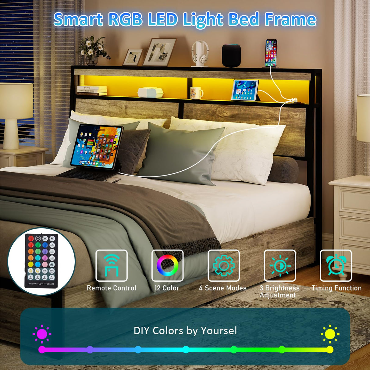 SADENICEL King Size Bed Frame with Storage Headboard, Metal Platform King Bed Frame Wood with 4 Drawers, LED Light, Charging Station, No Box Spring Needed, Noise Free, Easy Assembly, Grey SADENICEL