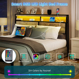 SADENICEL King Size Bed Frame with Storage Headboard, Metal Platform King Bed Frame Wood with 4 Drawers, LED Light, Charging Station, No Box Spring Needed, Noise Free, Easy Assembly, Grey SADENICEL