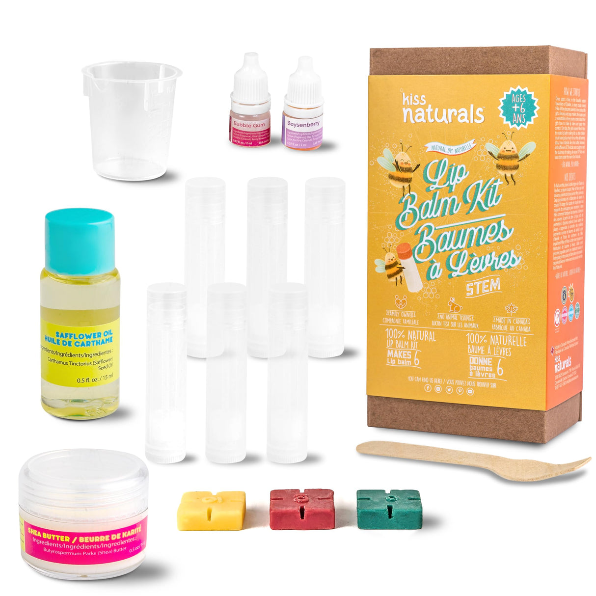 Kiss Naturals - Lip Balm Making Arts & Crafts Kit for Kids - with Organic Safflower Oil, Beeswax, Shea Butter - Stem DIY Body Care - Make 6 Lip Balms - Birthday, Holiday Gift for Girls & Boys Kiss Naturals