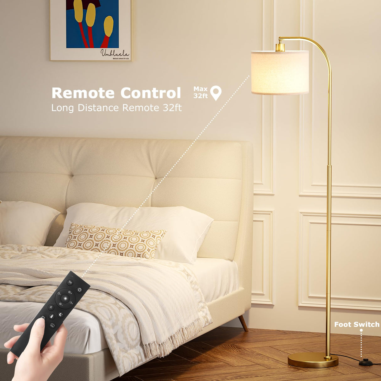 Ambimall Gold Arc Floor Lamp with Remote - Dimmable Bulb, Colors Temperature Adjustable, Easy Assembly, Modern Standing Lamp for Living Room Bedroom Office Reading Room Nursery (Beige Linen Shade) Ambimall