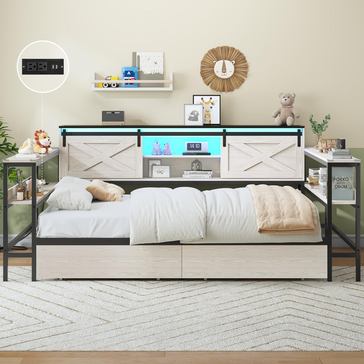 Hasuit Full Corner Bed with Drawers and Bookcase Storage Shelves, Full Daybed with Charging Station & LED Light, Farmhouse Wooden Bed Frame with Sliding Barn Doors, No Box Spring Needed, Black & White Hasuit