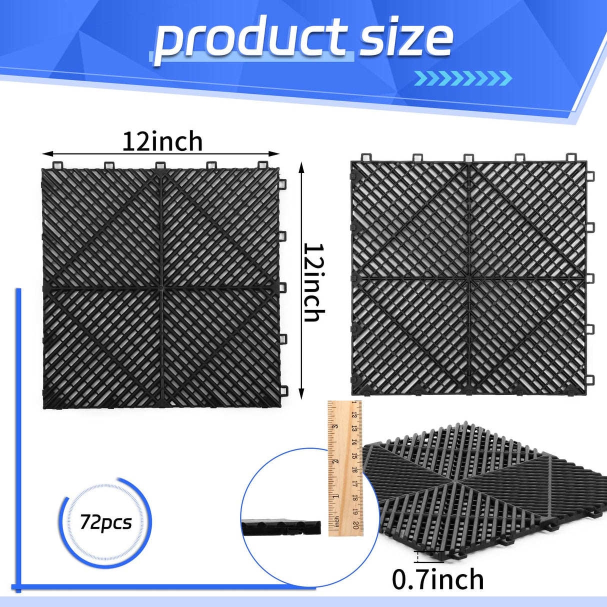 Barydat 72 Pcs Modular 12'' x 12'' Drainage Interlocking Floor Tiles Bulk Garage Cushion Mat Pool DIY Flooring Tiles Polypropylene Non Slip Tiles for Garage Outdoor Indoor Pool Shower Flooring (Black) Barydat