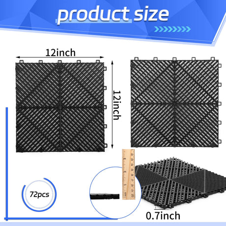 Barydat 72 Pcs Modular 12'' x 12'' Drainage Interlocking Floor Tiles Bulk Garage Cushion Mat Pool DIY Flooring Tiles Polypropylene Non Slip Tiles for Garage Outdoor Indoor Pool Shower Flooring (Black) Barydat