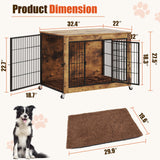 LEMBERI 32 Inch Dog Crate Furniture with Cushion, Wooden Double Doors Dog Kennel Cage Indoor with Wheels, Pet House Decorative Side End Table for Small Medium Dogs, Rustic Brown LEMBERI