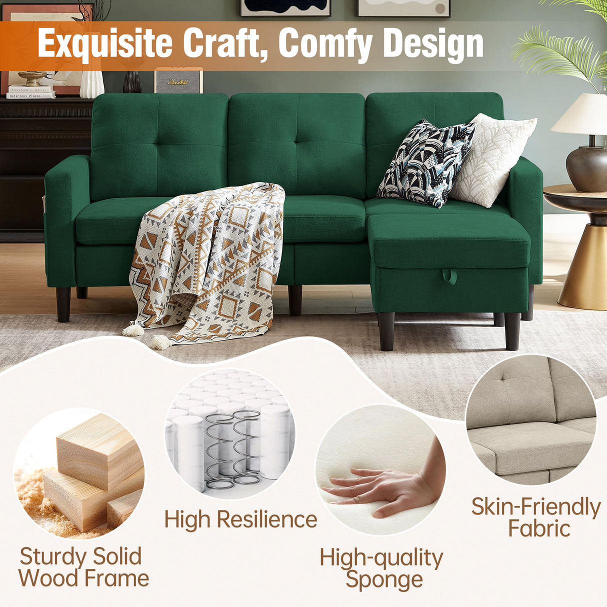 Pingliang Home Sectional Sofa Couches for Living Room, Modular 3 Seats Sectional Sofas L Shaped Couch with Storage and Reversible Chaise, Linen Fabric, 79" (Green) Pingliang Home