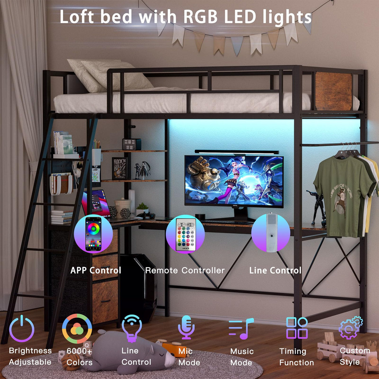 YOEEMZ Loft Bed Twin Size with L-Shaped Desk, LED Lights, Charging Station, Metal Loft Bed Frame with Storage Shelves, Pegboards and 3 Drawers, High Safety Guard, Widened Ladder, No Box Spring Needed YOEEMZ