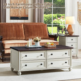 RWYHG 48" Farmhouse Coffee Table with Hidden Storage,Wooden Coffee Tables with 4 Drawers & Roman Column Handle,Rectangular Rustic Center Table with Solid Wood Curved Base for Living Room,Office,White RWYHG