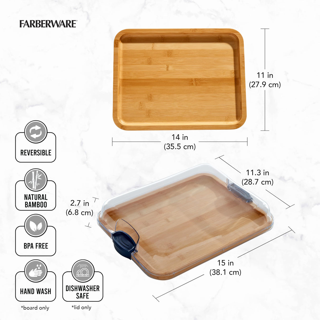 Farberware Build-A-Board Bamboo Cutting Board with Built-in Compartments and Clear Locking Lid with Navy Handles, Perfect for Charcuterie, Snacks, and More - Make it. Take it. Enjoy it, 11x14 Inches Farberware