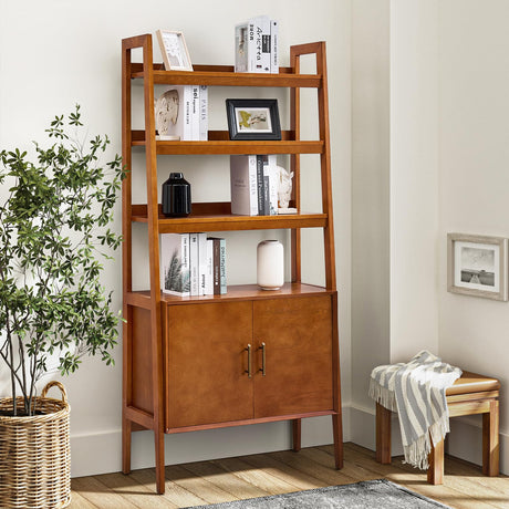 HULALA HOME Wood Ladder Shelf Bookcase with Doors & 3 Open Shelves, 34" W Mid-Century Modern Bookcase with Metal Pulls, Storage Rack with Solid Wood Legs for Bedroom & Living Room, Acorn HULALA HOME