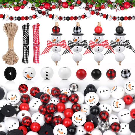 200 Pieces Christmas Wooden Beads for Craft Christmas Buffalo Plaid Round Craft Beads Farmhouse Loose Polished Spacer Beads Winter Snowman Beads with Twine Scarf Wood Beads for DIY Jewelry Décor Lucomb