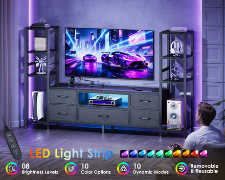 Casaottima 71" TV Stands for 43, 50, 55 Inch TV Entertainment Center with LED Lights and Power Outlets, TV Stand for Living Room with 5 Fabric Drawers & Shelf, TV Console Cabinet for Bedroom, Black Casaottima