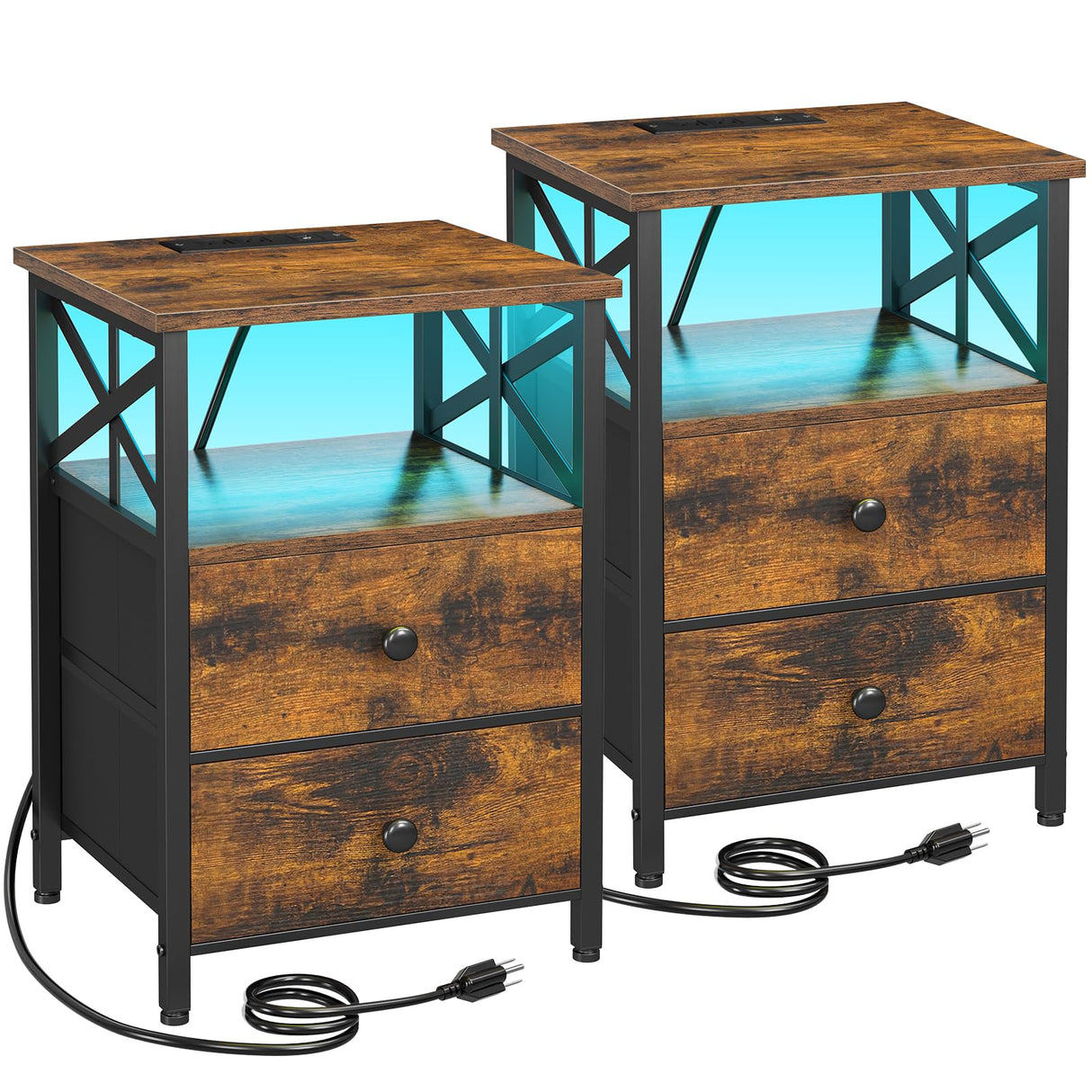 AMHANCIBLE Night Stand Set 2, LED Nightstand with Charging Station, End Tables Living Room with Fabric Drawers, Bedside Table for Bedroom, Rustic Brown, HET052LBR AMHANCIBLE