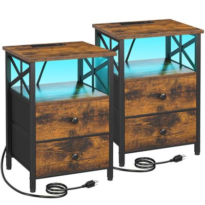 AMHANCIBLE Night Stand Set 2, LED Nightstand with Charging Station, End Tables Living Room with Fabric Drawers, Bedside Table for Bedroom, Rustic Brown, HET052LBR