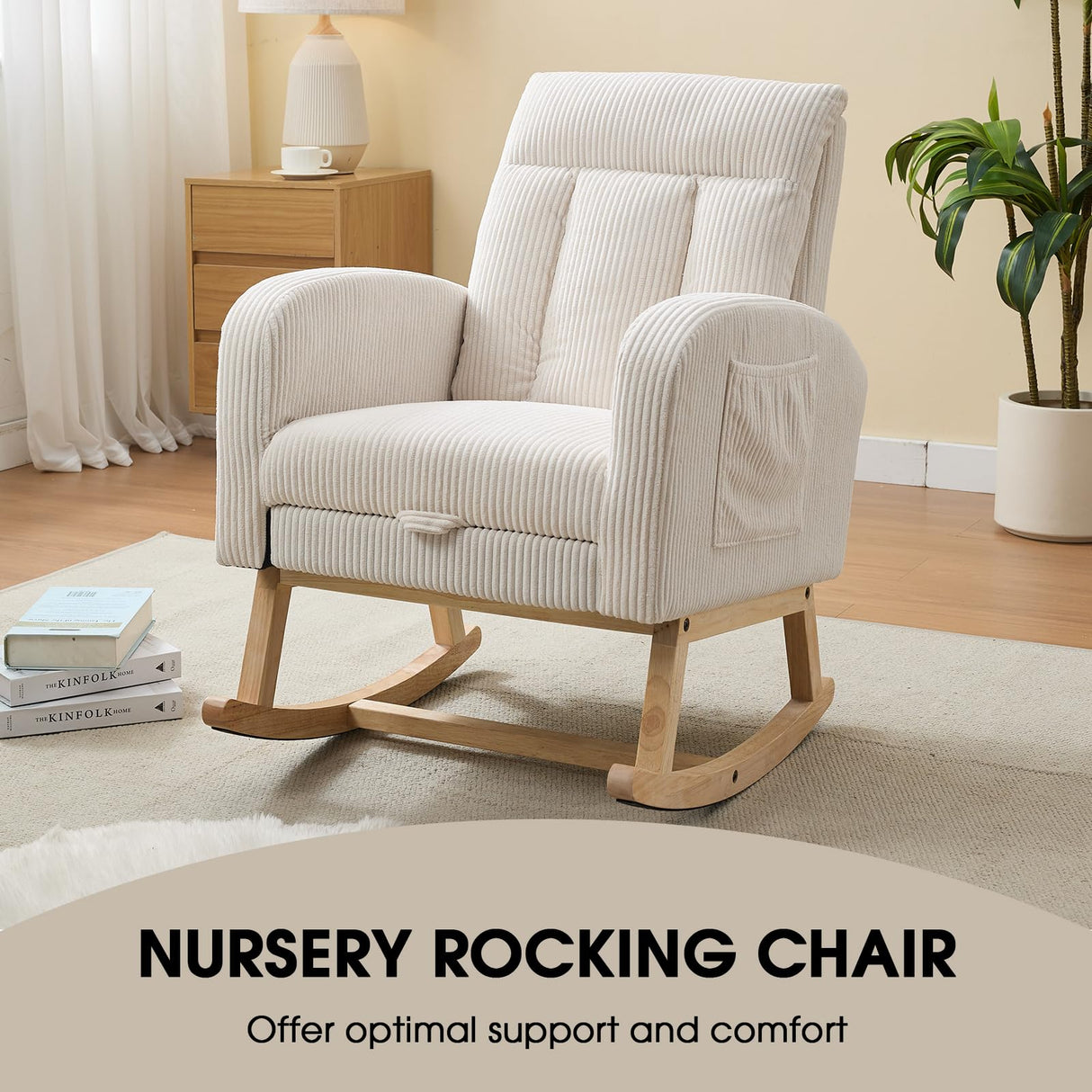 NIOIIKIT Nursery Rocking Chair, Corduroy Upholstered Rocking Chair with Adjustable Footrest, Tufted Rocker Chair with Side Pocket, Glider Rocker for Living Room, Bedroom (Cream Casual) NIOIIKIT