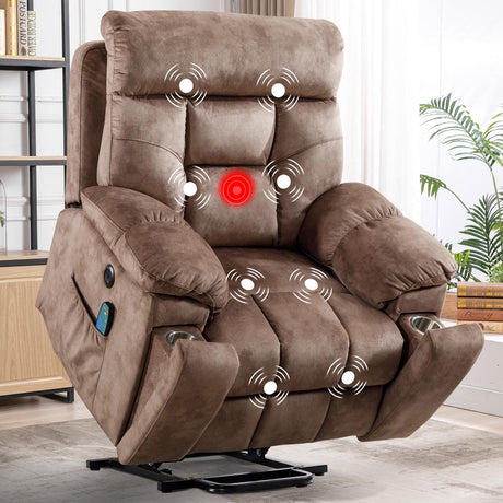 CANMOV Large Power Lift Recliner Chair with Massage and Heat for Elderly Big and Tall People, Overstuffed Wide Recliners with 2 Cup Holders, Side Pocket and USB Port, Camel CANMOV