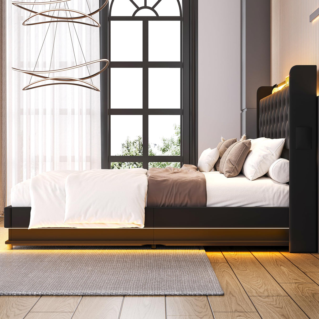 Ailisite Queen Lift-Up Storage Bed with Tufted Wingback Headboard and USB Charging Station, Black Upholstered Design Ailisite