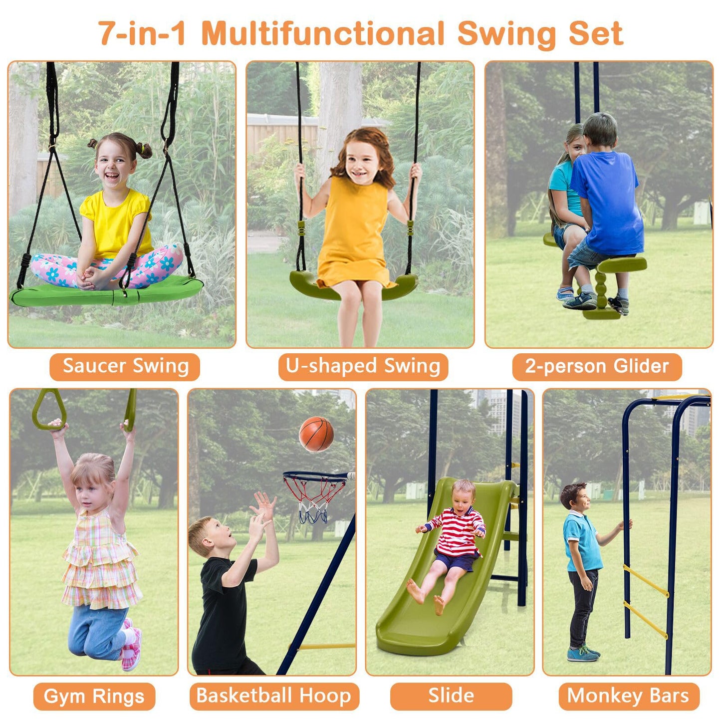 HONEY JOY Swing Set, 660lbs 7-in-1 Heavy Duty Swingset Outdoor for Kids w/A-Frame Metal Swing Stand, 2 Swings, Glider, Gym Rings, Slide, Monkey Bar, Basketball Hoop, Swing Sets for Backyard - WoodArtSupply