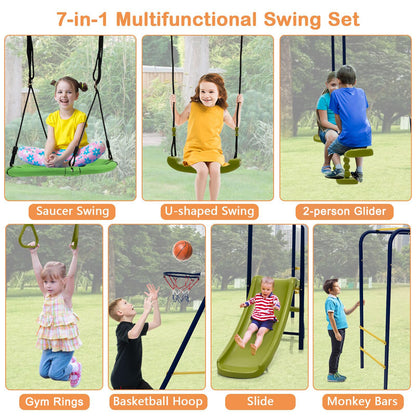 HONEY JOY Swing Set, 660lbs 7-in-1 Heavy Duty Swingset Outdoor for Kids w/A-Frame Metal Swing Stand, 2 Swings, Glider, Gym Rings, Slide, Monkey Bar, Basketball Hoop, Swing Sets for Backyard - WoodArtSupply