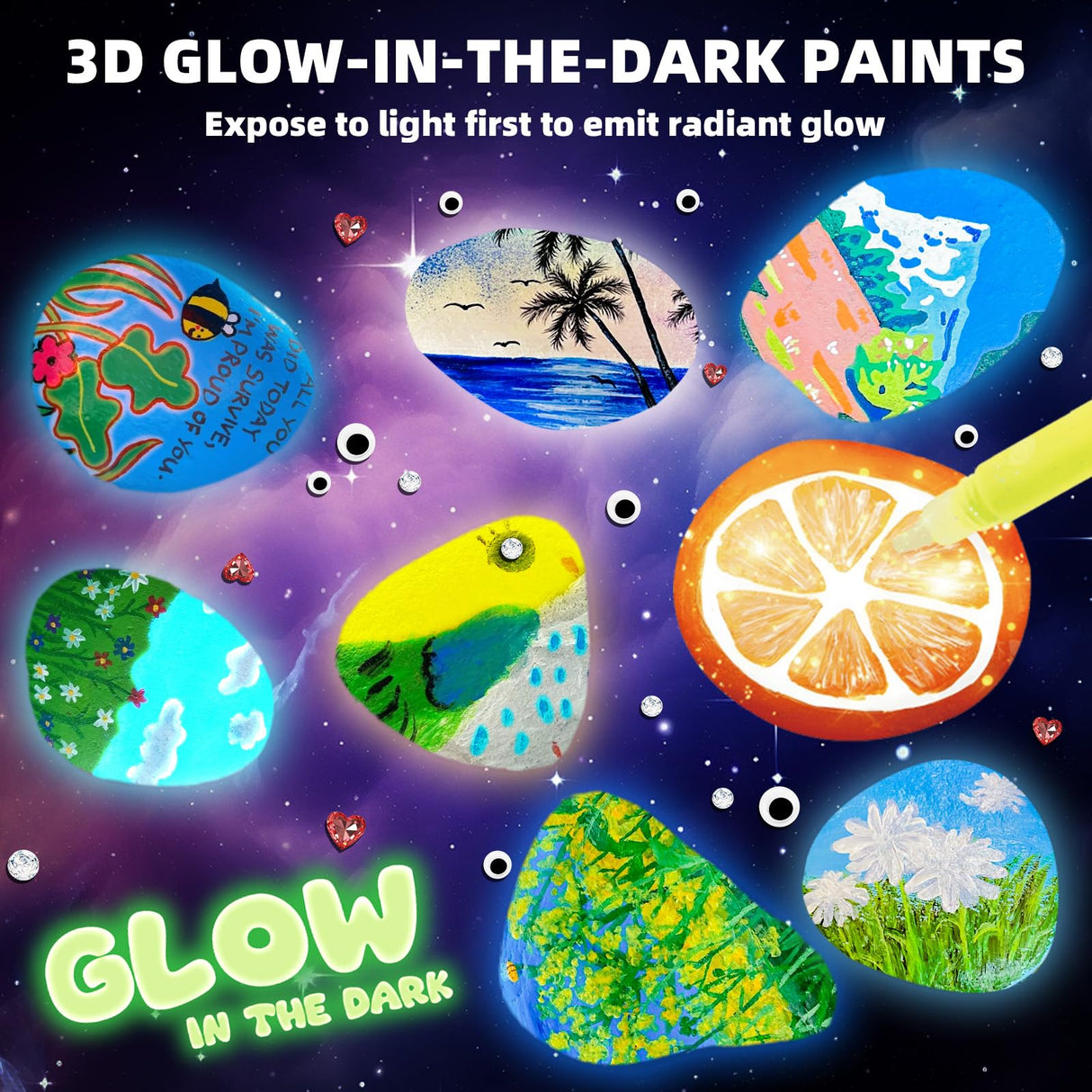 Hiawbon Rock Painting Kit, Glow in The Dark Rock Kit, Rock Arts and Crafts Kit for DIY, Rock Craft Kit with Paint Supplies, 12 Rocks Craft Kits Art Supplies for Outdoor Activities Hiawbon