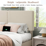 VECELO Queen Bed Frame with Type-C & USB Ports, Upholstered Platform Height-Adjustable Cotton and Linen Headboard, No Box Spring Needed, Noise-Free, Easy Assembly, Beige VECELO