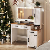 GlasFlength Farmhouse Makeup Vanity with Lighted Mirror, Vanity Desk with Charging Station, Vanity Table with 3 Lighting Modes Brightness Adjustable, Wood Vanity with Acrylic Boxes for Bedroom, White GlasFlength