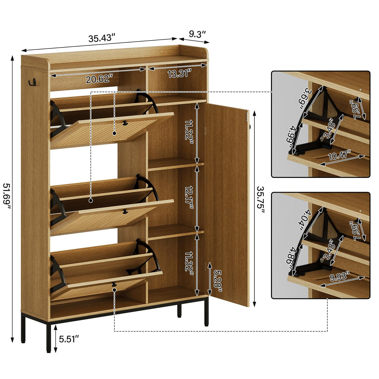 IDEALHOUSE Rattan Shoe Cabinet, Shoe Cabinets with 3 Flip Drawers, Free Standing Narrow Shoe Storage Organizer with Adjustable Shelves, Shoe Rack Cabinet for Entryway, Fence On Top, Natural IDEALHOUSE