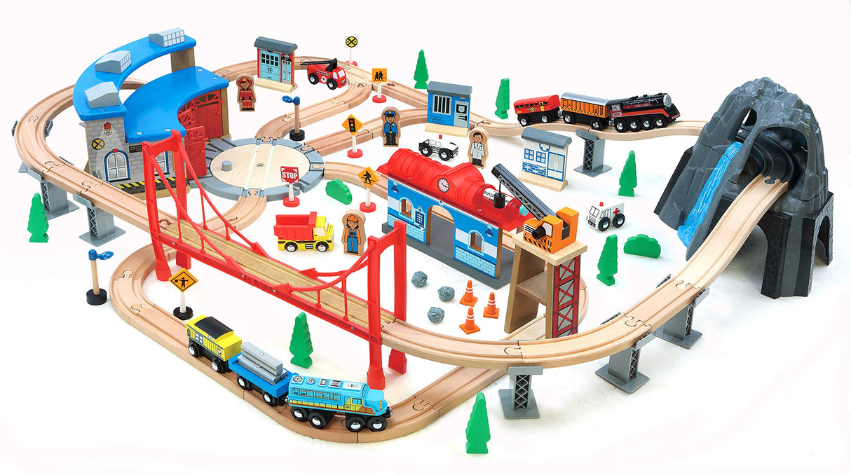 Maxim 100 pc Mountain Wooden Train Set with Roundhouse for Toddler with Double-Side Train Tracks Fits Brio, Thomas, Melissa and Doug, Kids Wood Toy maxim enterprise, inc.