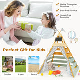 Costzon Kids Tent, Large Wooden Indoor Outdoor Triangle Hideaway Playhouse with Machine Washable Flags, Removable Chalkboard & Door Curtains, Teepee Tent for Kids Children 3-8 Years Old Costzon