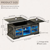 Lift Top Coffee Table with Gun Cabinet, 2 Sliding Barn Doors-Large Storage and 3 Color LED Lights fit Modern Rectangular Rustic Living Room Center Table（Dark Oak） HWB