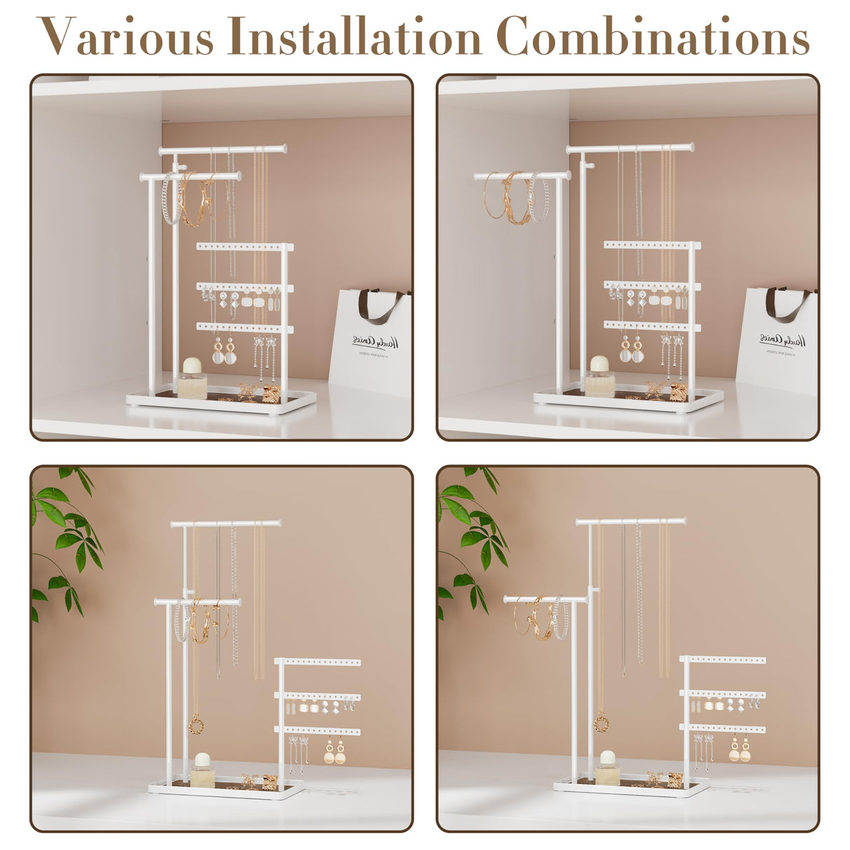 susswiff Jewelry Holder Organizer Stand - Adjustable Tall 17.5" (Max), Sturdy Jewelry Hanger for Necklaces, Earrings, Bracelets, Rings, Jewlery Display and Storage, White, Metal susswiff