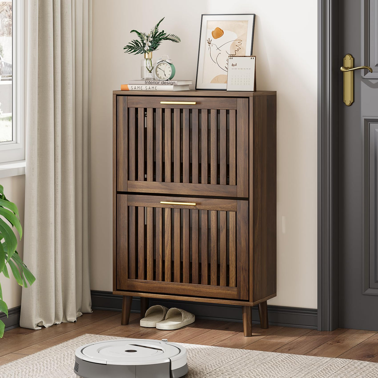 Shoe Cabinet, Shoe Storage Cabinet with Louvered 2 Flip Drawers, Narrow Shoe Cabinet Storage for Entryway, Freestanding Shoe Organizer Cabinet with Golden Handles, Slim Shoe Rack Cabinet (Walnut) Algherohein