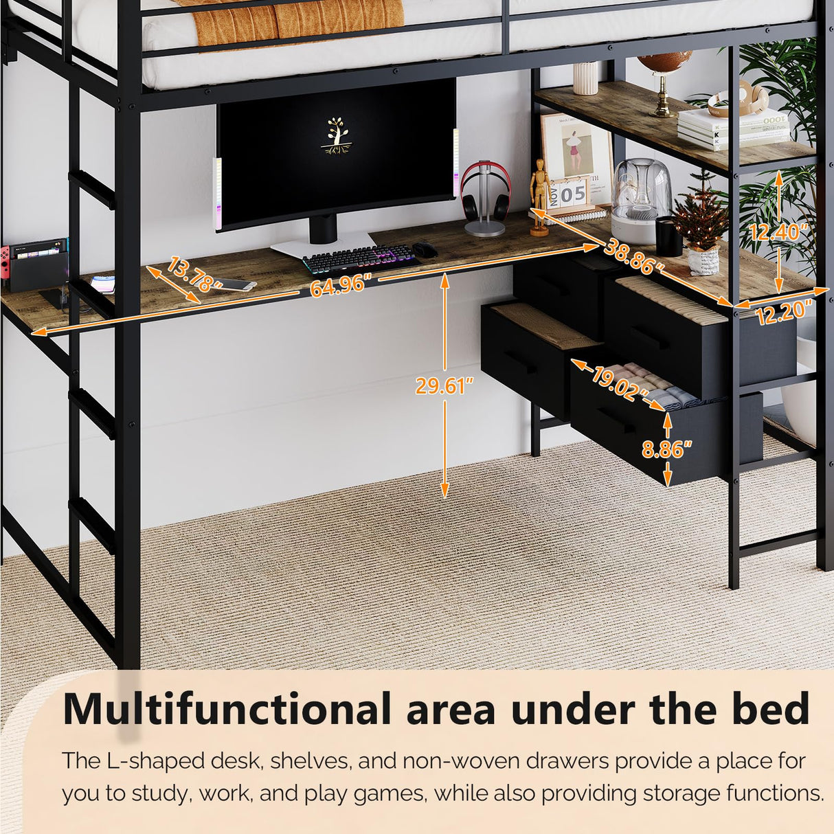 VINGLI Twin Metal Loft Bed Frame with 15 Inches Safety Guardrail, Non-Slip Ladder, 2 Charging Stations, L-Shaped Desk, Storage Shelve, 4 Drawers, LED Lights, for Kids, No Box Spring Needed, Black VINGLI