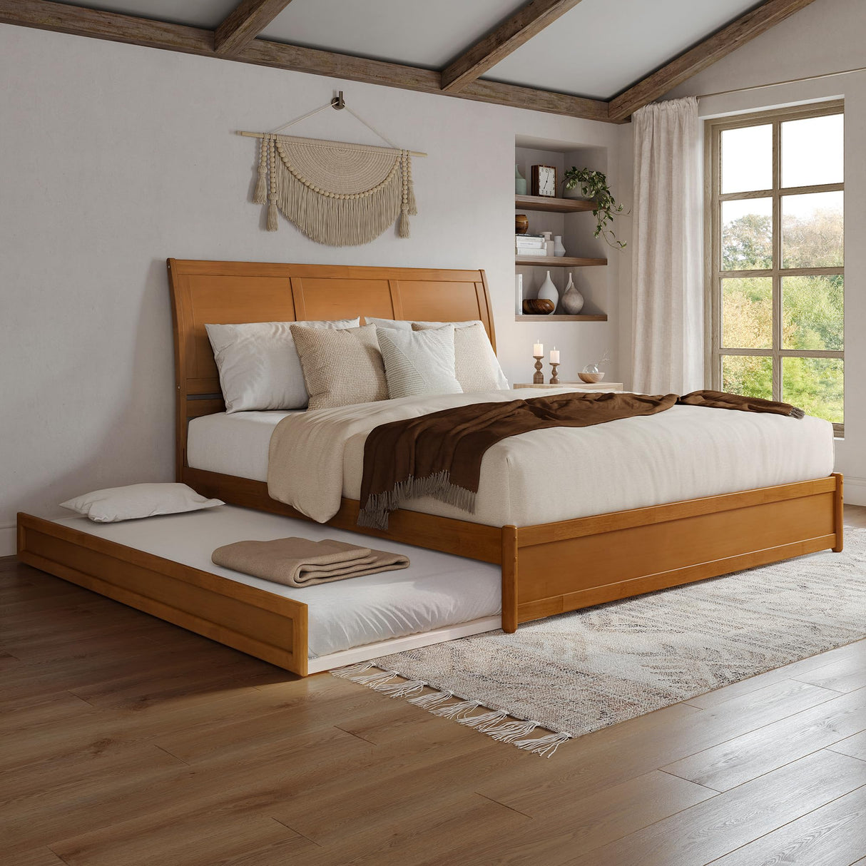 AFI, Andorra King Platform Bed with Panel Footboard & Twin XL Trundle, Light Toffee AFI