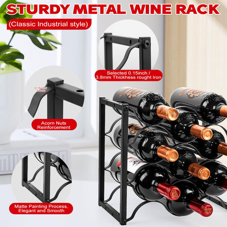 KAHLHAK Countertop Wine Rack - 9 Bottle Freestanding Modern Black Metal Wine Holder - 3 Tier Tabletop Wine Stand for Cabinet, Pantry, Bar - Durable & Space-Saving Wine Storage Organizer (2) KAHLHAK
