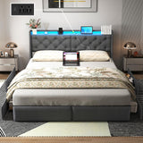 King Size Bed Frame with LED Lights and Charging Station, Upholstered Platform Bed with Storage Headboard and 4 Drawers, Metal Slat Support, Noise-Free, No Box Spring Needed, Easy Assembly, Gray UINTAI