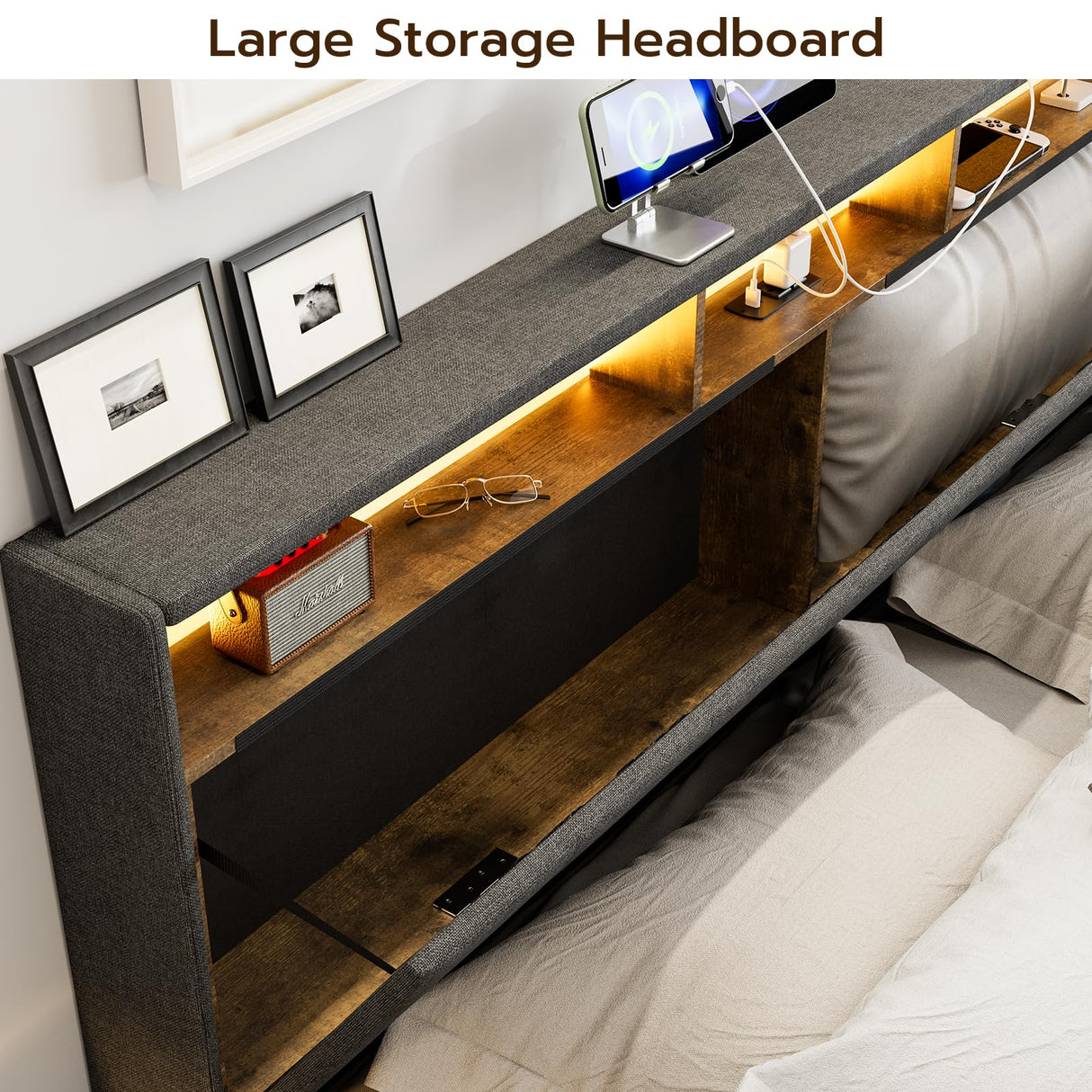 IKIFLY Dark Grey King Bed Frame with LED Storage Headboard, Charging Station & 4 Drawers IKIFLY