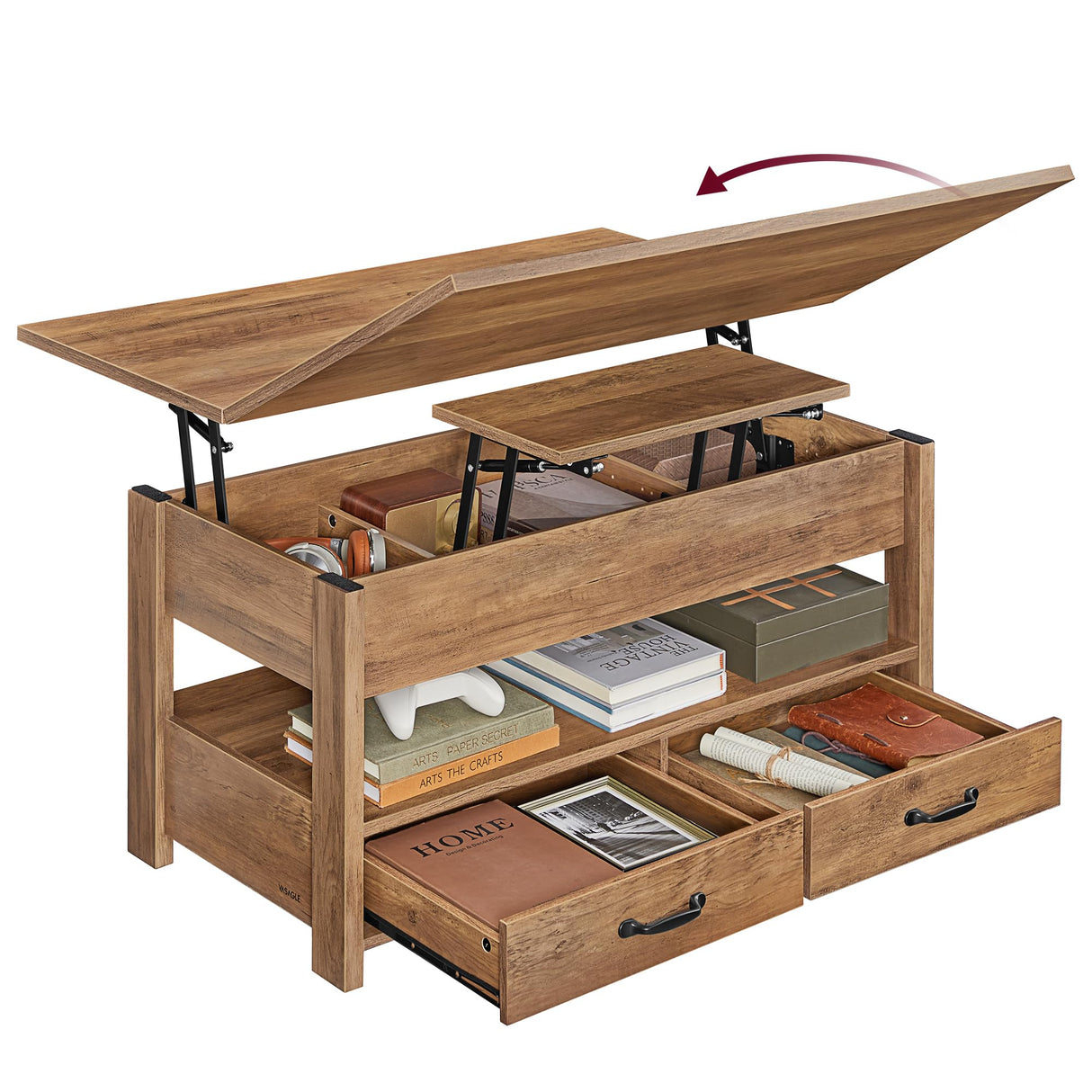 VASAGLE Coffee Table Lift Top, 3 in 1 Center Table with Storage, Gas Spring, 2 Drawers and 3 Hidden Compartments, Open Shelf, for Living Room, Home Office, Honey Brown ULCT254K01 VASAGLE