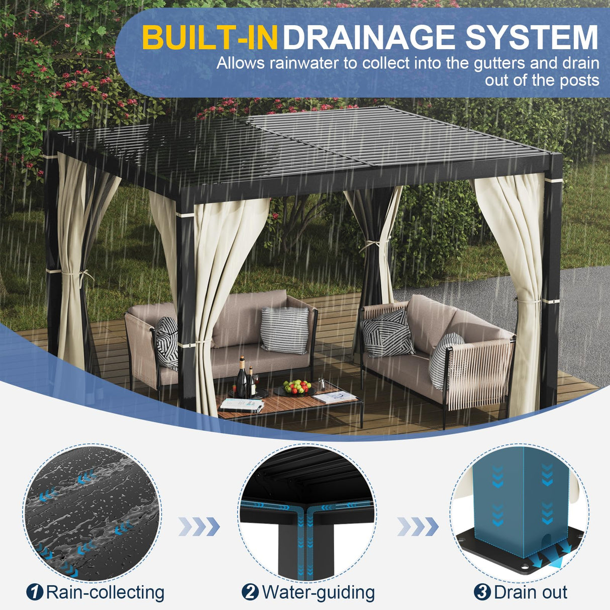 Amopatio 10' X 10' Louvered Pergola, Aluminum Outdoor Pergola with Adjustable Rainproof Roof, Metal Patio Hardtop Gazebo for Backyard, Deck, Garden (Khaki Curtain) Amopatio