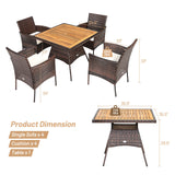 Tangkula 5 Pieces Wicker Patio Dining Set, Outdoor Acacia Wood Dining Furniture with 4 Armrest Chairs & 1 Dining Table, Rattan Conversation Set with Cushions & Umbrella Hole for Backyard Garden Porch Tangkula