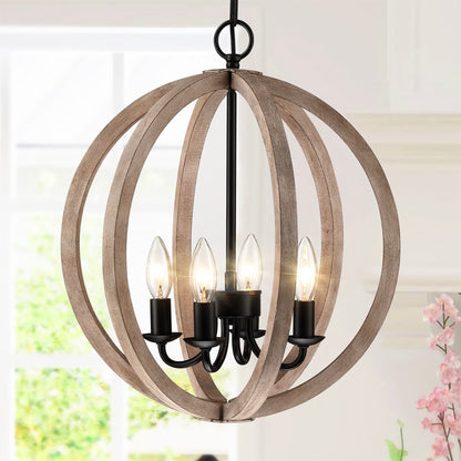 Untrammelife Farmhouse Chandelier, 16" 4-Light Wood Chandelier Rustic Orb Pendant Light Fixtures Black Ceiling Hanging Lighting for Dining Room Foyer Entryway Kitchen Island - WoodArtSupply