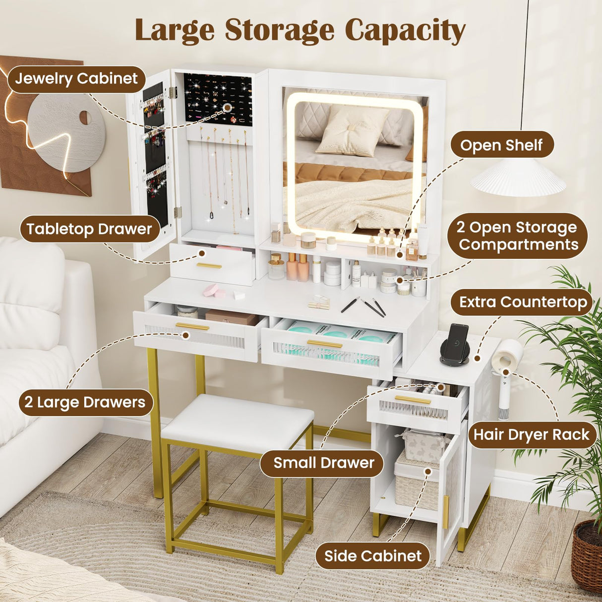 CHARMAID Vanity Desk with Mirror and Lights, White Makeup Vanity Desk with Jewelry Organizer, 4 Drawers, Side Cabinet, Charging Station, 44" Modern Vanity Dressing Table with Stool for Bedroom CHARMAID