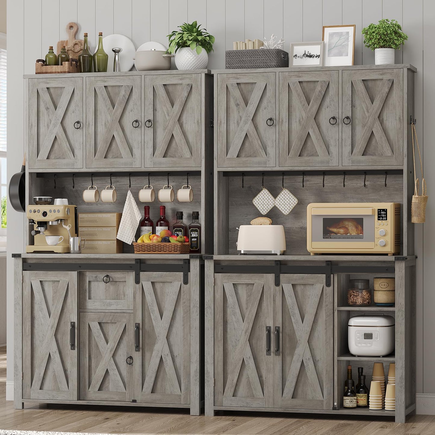 YIDUNLIFE Kitchen Pantry Cabinet, Farmhouse Kitchen Cabinet with Drawer, Sliding Barn Doors Kitchen Storage Cabinets with Adjustable Shelves for Dining Room, Grey