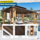 MELLCOM 12'x16' Hardtop Gazebo, Galvanized Steel Metal Double Roof Aluminum Gazebo with Curtains and Netting, Brown Permanent Pavilion Gazebo with Aluminum Frame for Patio, Lawn & Garden MELLCOM