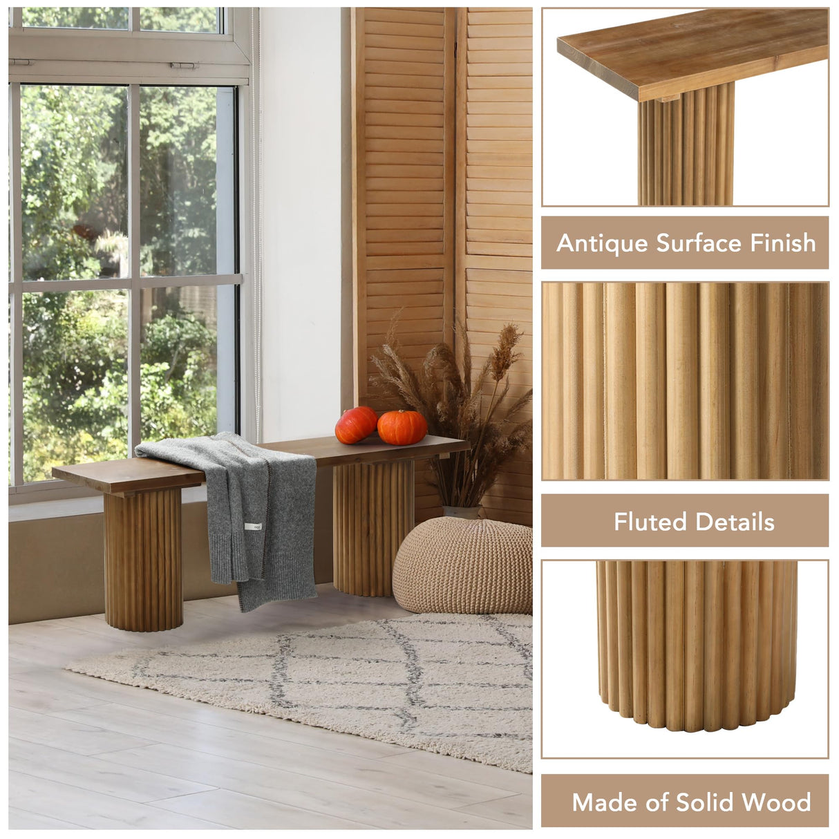 WINWY Fluted Wood Bench, 51" Farmhouse Solid Wood Bench Seat for Entryway, Dining Room, Indoors and Outdoors, Rounded Leg, Easy Assembly, Natural WINWY