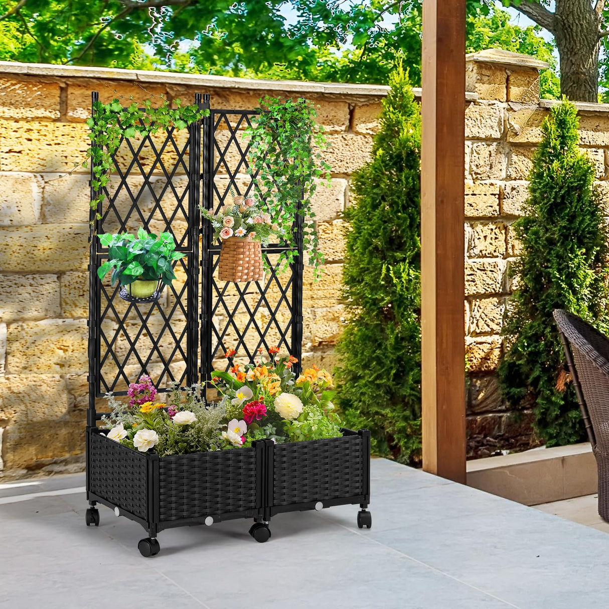 FOLLOOK Planter Box with Trellis, 4ft Tall Self-Watering Plastic Raised Garden Beds and Lattice Trellis with Lockable Wheels & Drain Plug for Outdoor Patio Backyard Balcony, Black, 2 Pcs FOLLOOK