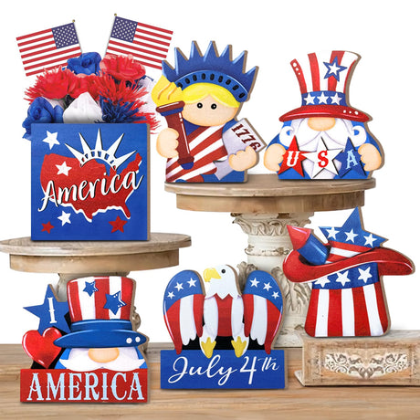 Uruney 4th of July Tiered Tray Decor, Uncle Sam Patriotic Tray Decorations, Lady Liberty American Flag Independence Day Wooden Signs, Farmhouse Rustic Memorial Day Decor for Home Table Shelf Uruney